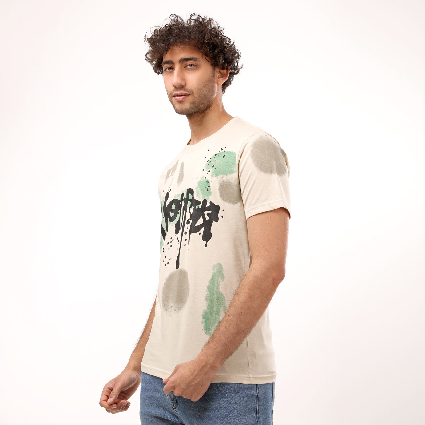 Printed Stylish Half Sleeves T- Shirt - Beige - 2bstylish