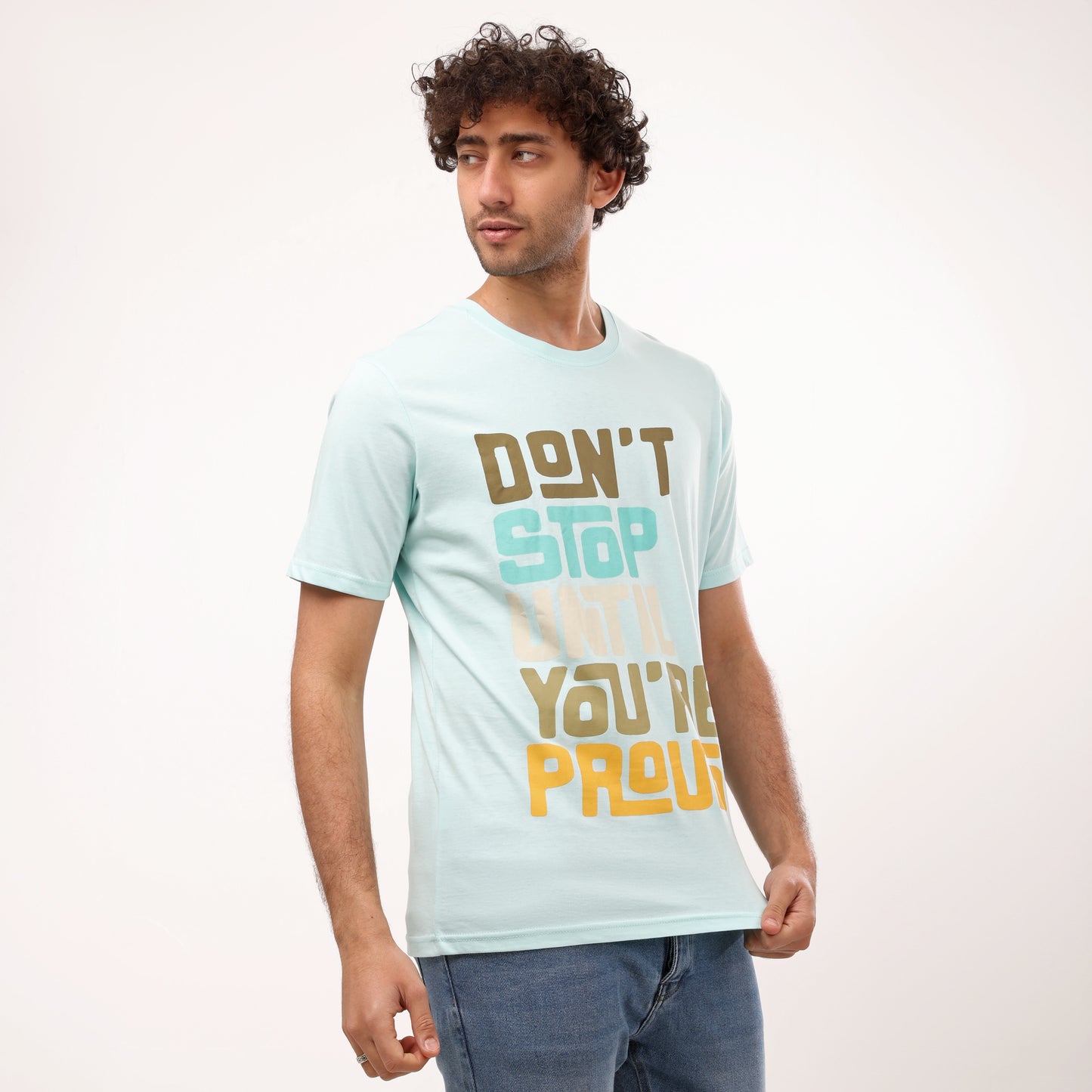 Half Sleeves Printed Crew Neck T- Shirt - Sky Blue - 2bstylish