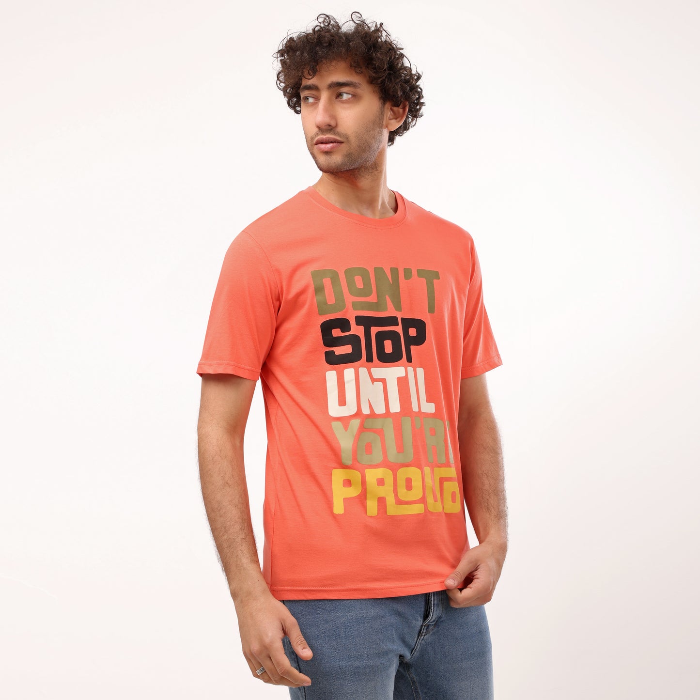 Half Sleeves Printed Crew Neck T- Shirt - Orange - 2bstylish