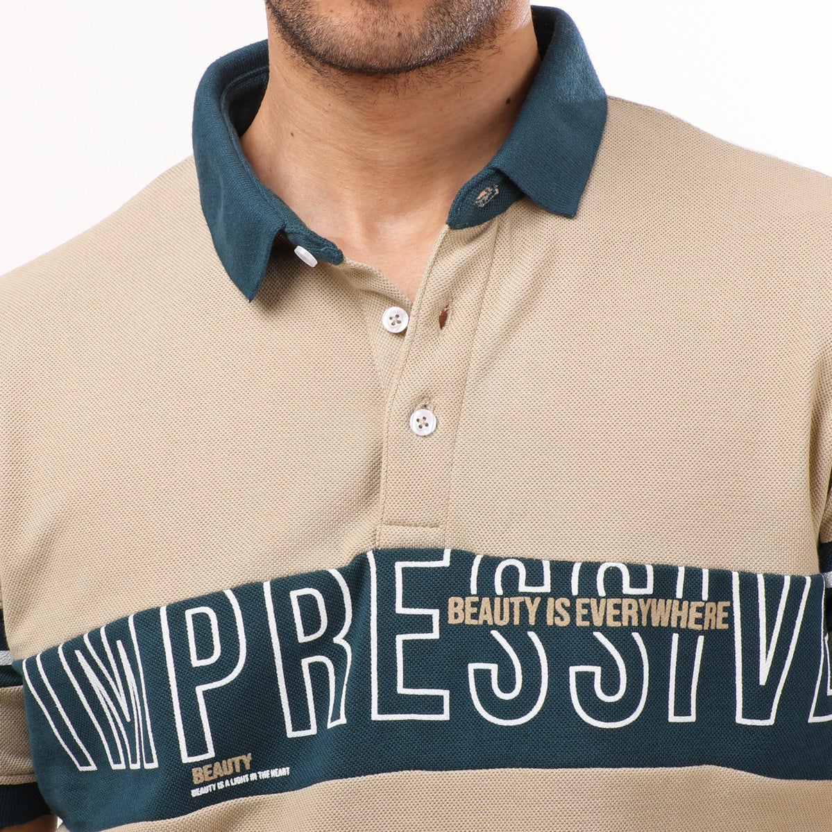 "Impressive" Half Sleeves Beige& Blue Regular Fit T- Shirt - 2bstylish
