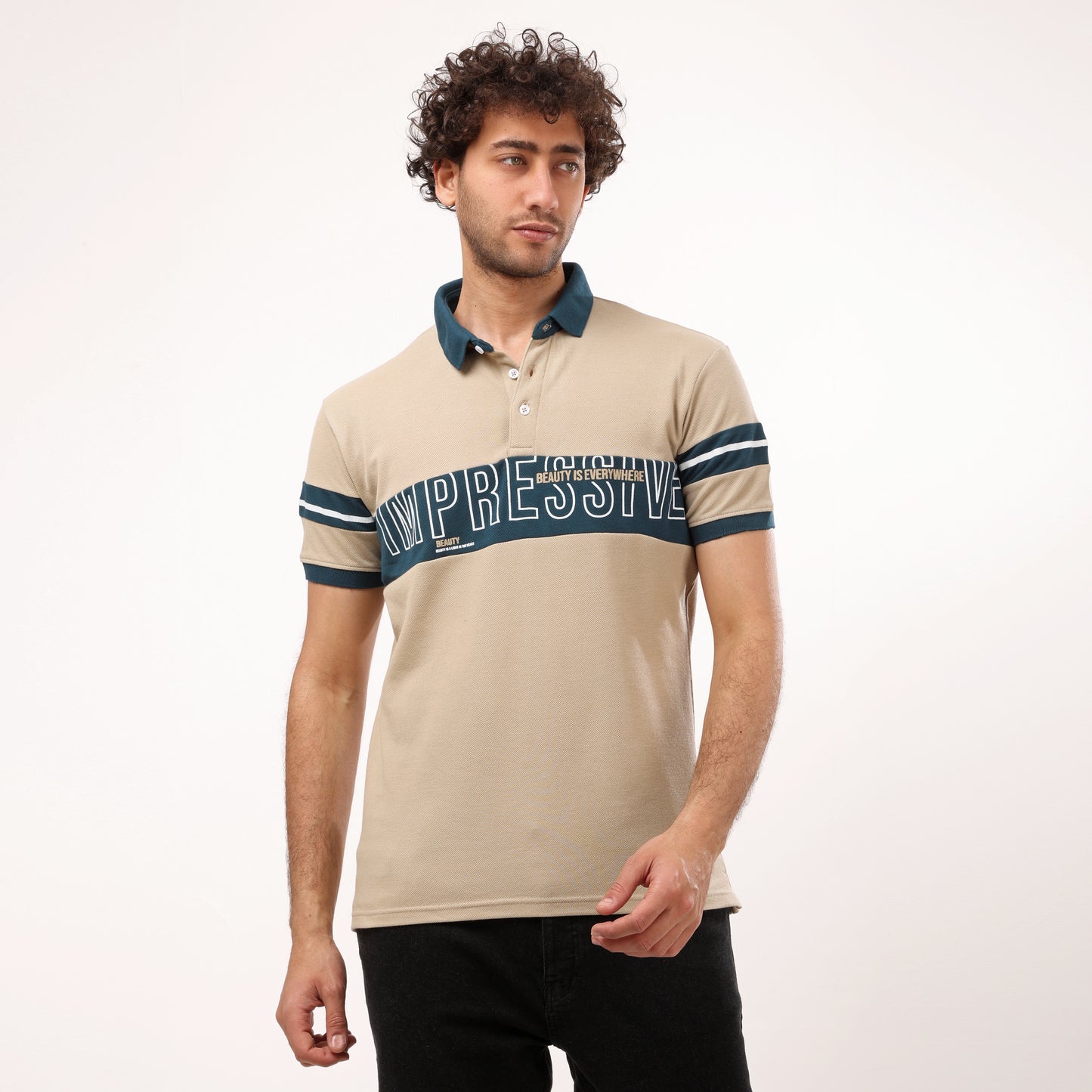 "Impressive" Half Sleeves Beige& Blue Regular Fit T- Shirt - 2bstylish