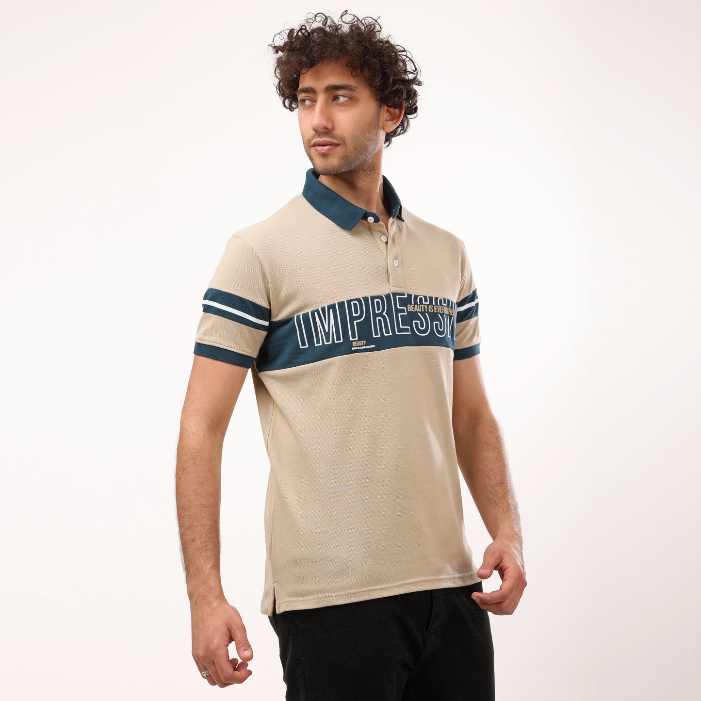 "Impressive" Half Sleeves Beige& Blue Regular Fit T- Shirt - 2bstylish