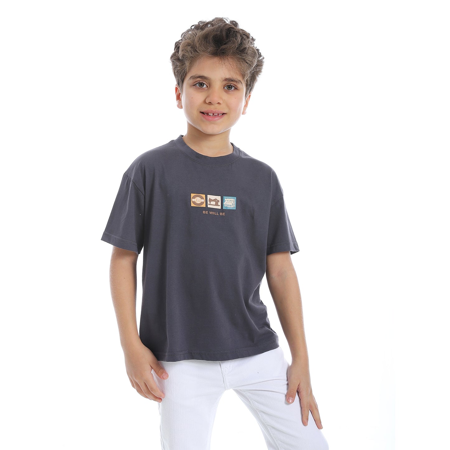 Round Neck Printed Short Sleeve Boys T-Shirt - Navy