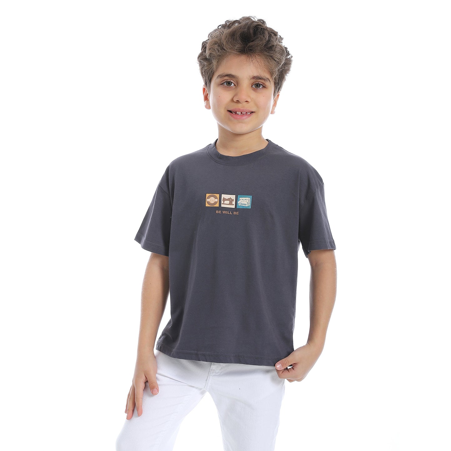Round Neck Printed Short Sleeve Boys T-Shirt - Navy