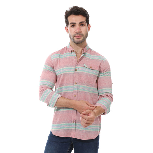 Long Sleeves Striped Cotton Shirt - Heather Wine, Olive And Blue