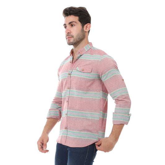 Long Sleeves Striped Cotton Shirt - Heather Wine, Olive And Blue