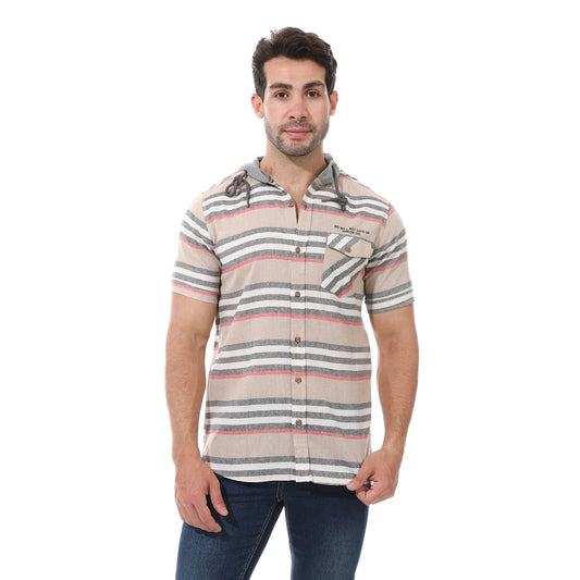 Hooded Neck Striped Shirt - Beige, Grey And Off White