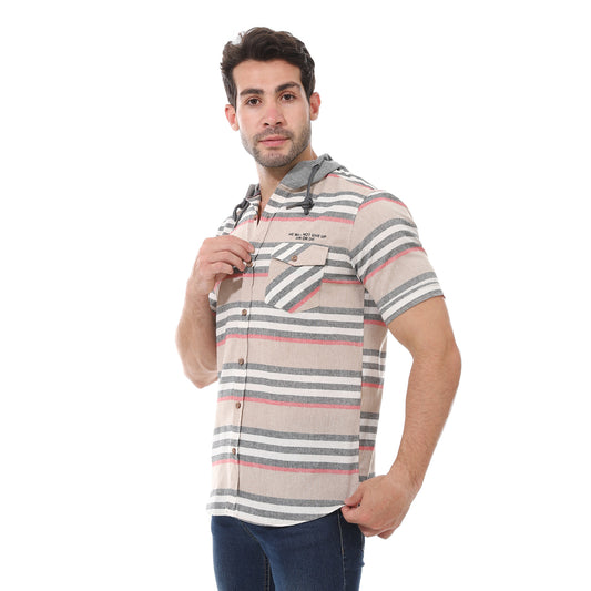 Hooded Neck Striped Shirt - Beige, Grey And Off White