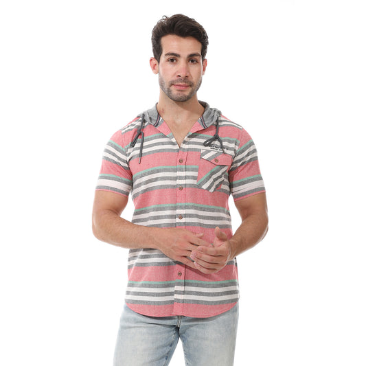 Hooded Neck Striped Shirt- Grey, Red And Off White - 2bstylish