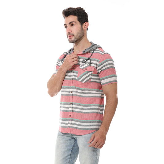 Hooded Neck Striped Shirt- Grey, Red And Off White - 2bstylish