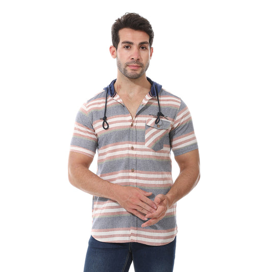 Hooded Neck Striped Shirt - Navy Blue, Dark Red And Off White