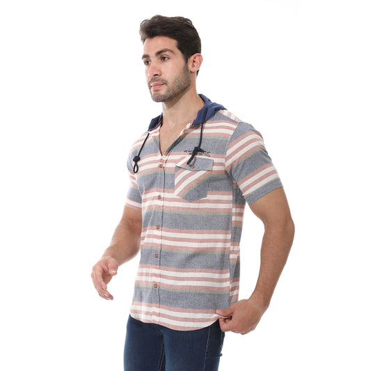Hooded Neck Striped Shirt - Navy Blue, Dark Red And Off White