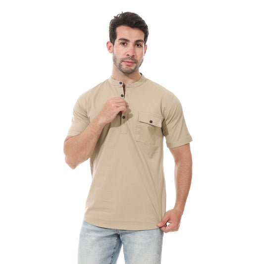 Beige  Brand Collar Plain Shirt