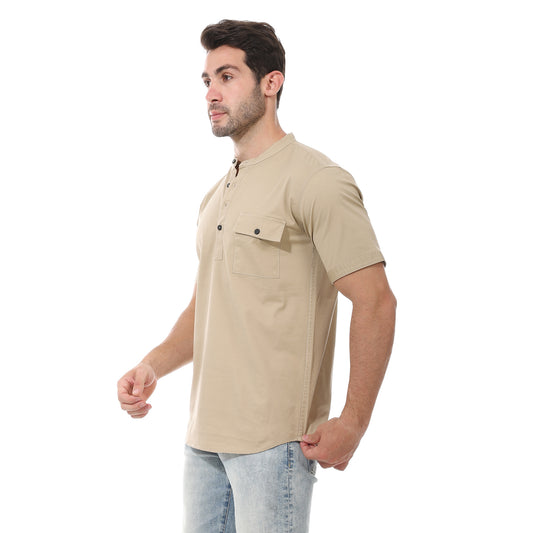 Beige  Brand Collar Plain Shirt