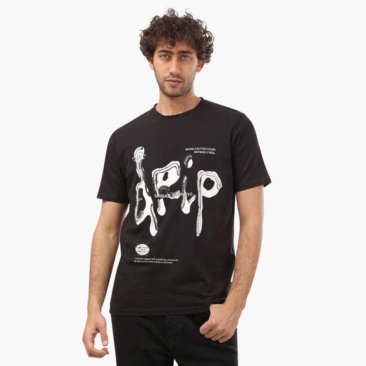 Printed Round Neck Half Sleeves BlackT- Shirt - 2bstylish