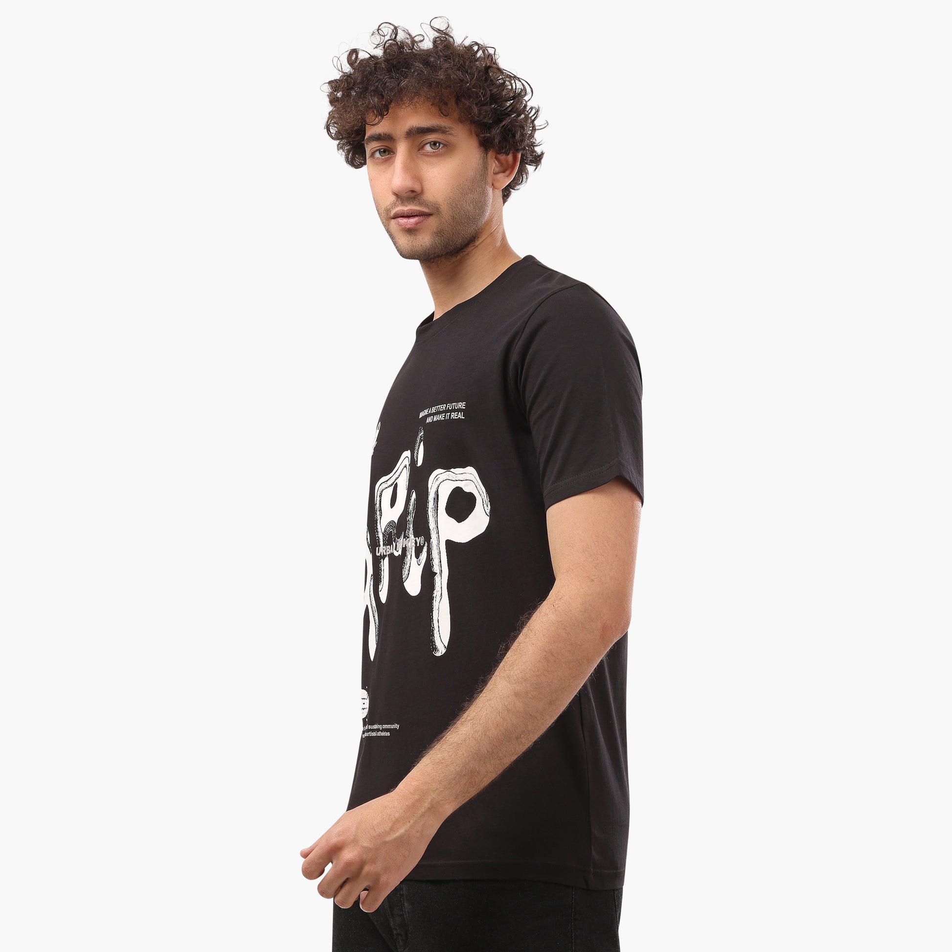 Printed Round Neck Half Sleeves BlackT- Shirt - 2bstylish