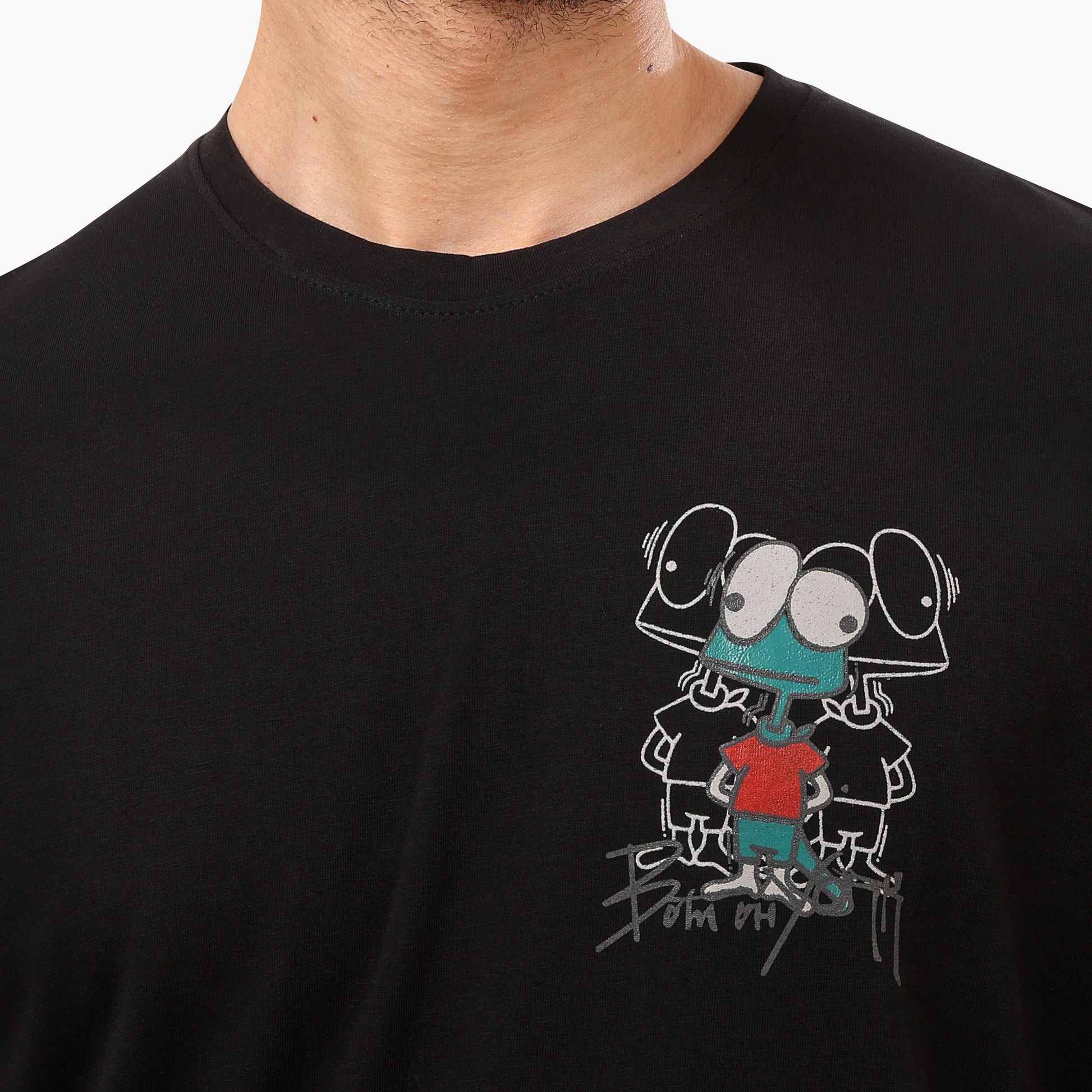 Cartoon Printed Front & Back Half Sleeves Black T- Shirt - 2bstylish