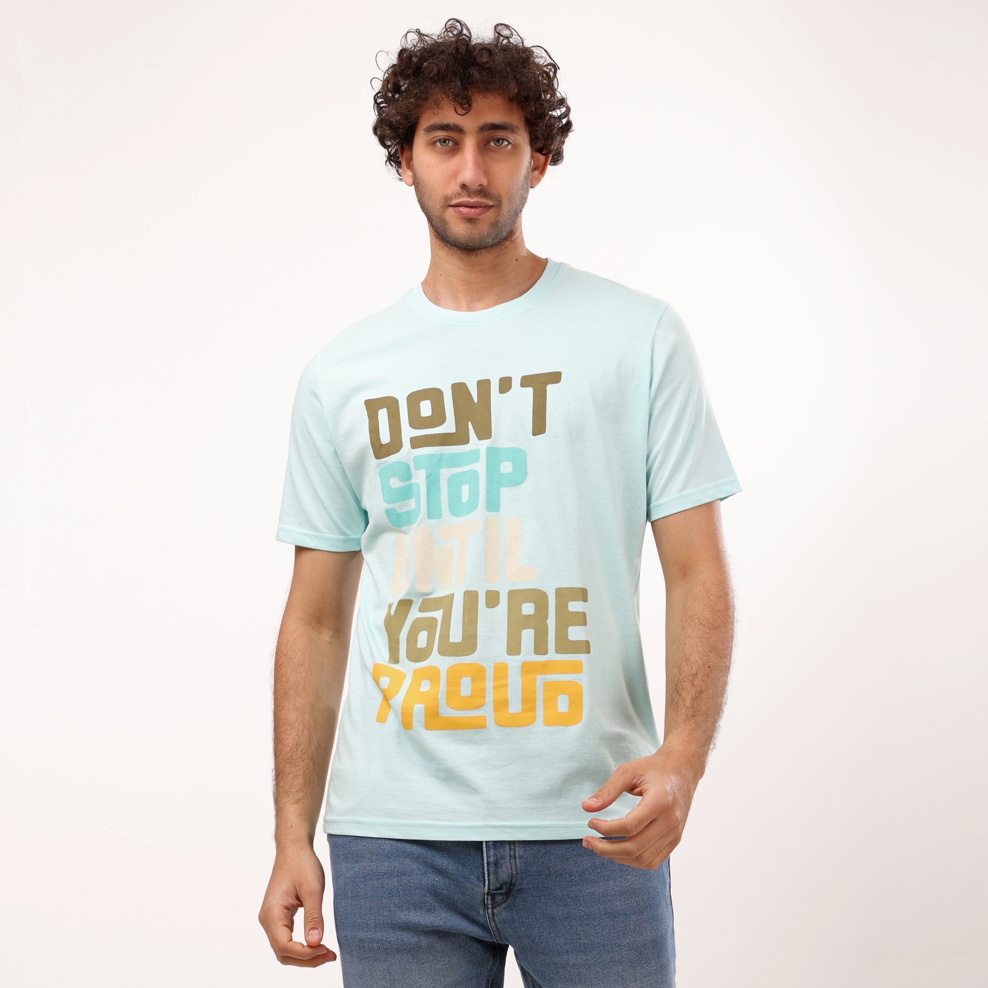 Half Sleeves Printed Crew Neck T- Shirt - Sky Blue - 2bstylish