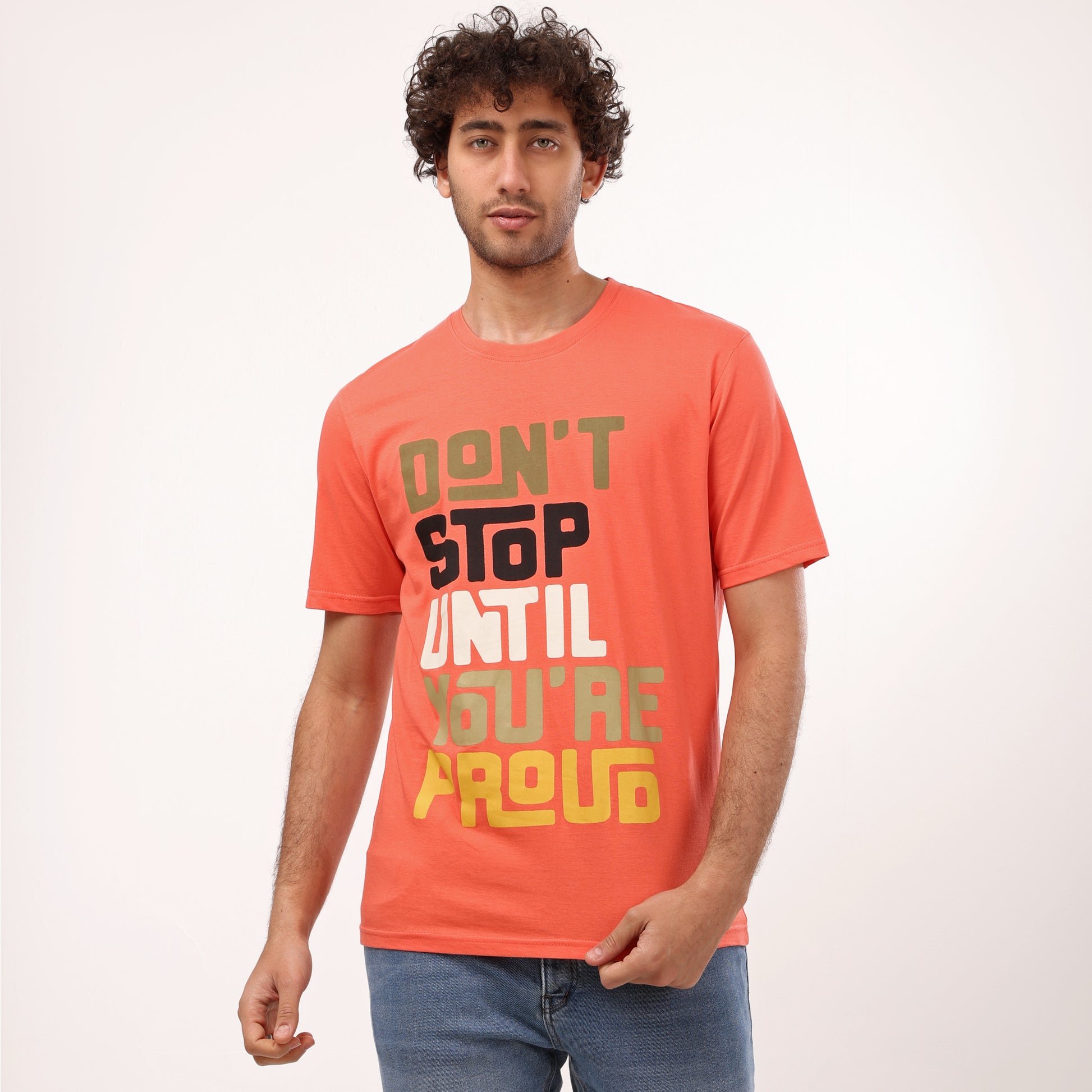Half Sleeves Printed Crew Neck T- Shirt - Orange - 2bstylish