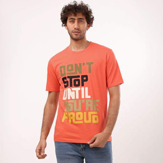 Half Sleeves Printed Crew Neck T- Shirt - Orange - 2bstylish