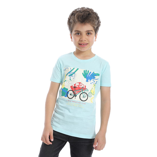 Boys Round Neck Bike Printed Short Sleeve T-Shirt - Sky Blue - 2bstylish