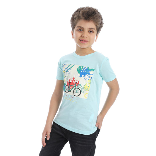 Boys Round Neck Bike Printed Short Sleeve T-Shirt - Sky Blue - 2bstylish