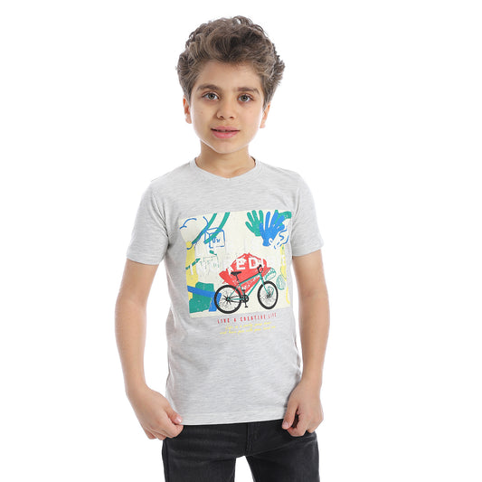 Boys Round Neck Bike Printed Short Sleeve T-Shirt - Light Gray - 2bstylish