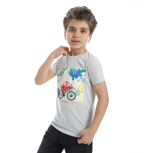 Boys Round Neck Bike Printed Short Sleeve T-Shirt - Light Gray - 2bstylish