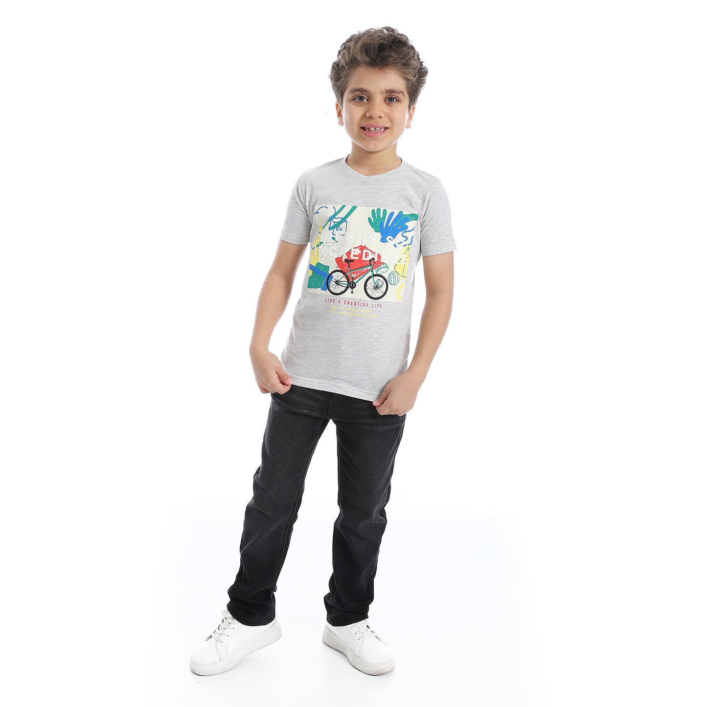 Boys Round Neck Bike Printed Short Sleeve T-Shirt - Light Gray