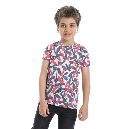 Round Neck Abstract Pattern Boys T-shirt- Black,White & Red - 2bstylish