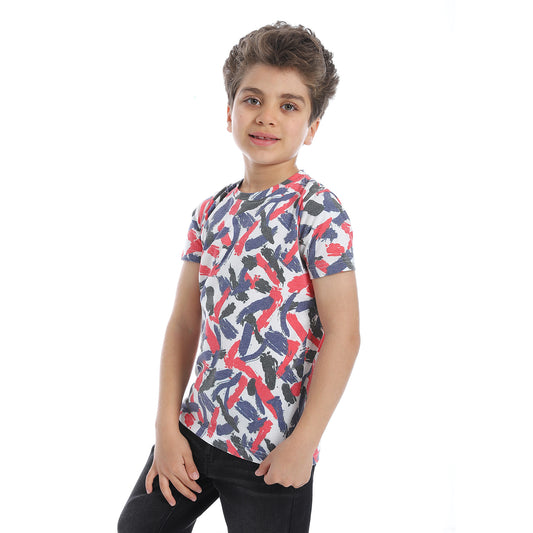 Round Neck Abstract Pattern Boys T-shirt- Black,White & Red - 2bstylish