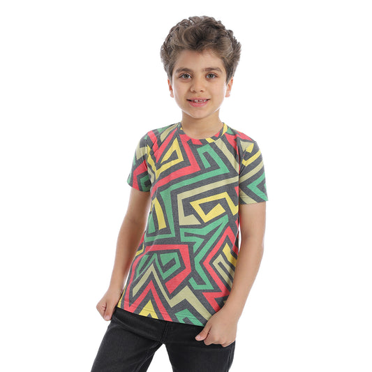 Round Neck Abstract Pattern Boys T-shirt- Green &Yellow - 2bstylish