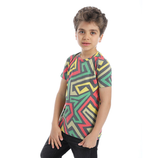 Round Neck Abstract Pattern Boys T-shirt- Green &Yellow - 2bstylish