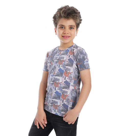 Round Neck Self Pattern Boys T-Shirt - Navy & White - 2bstylish