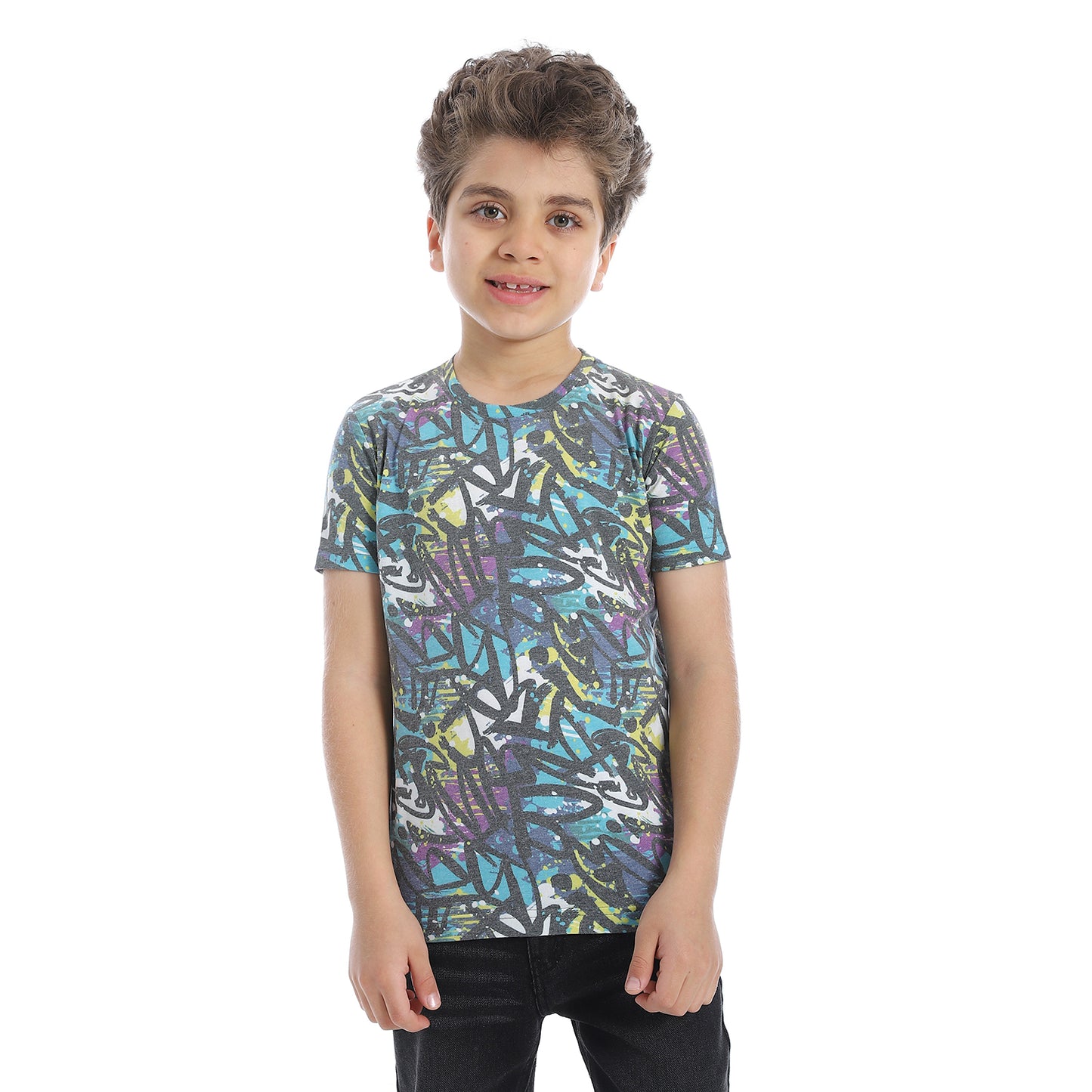 Round Neck Abstract Pattern Boys T-shirt- Black,Blue & White
