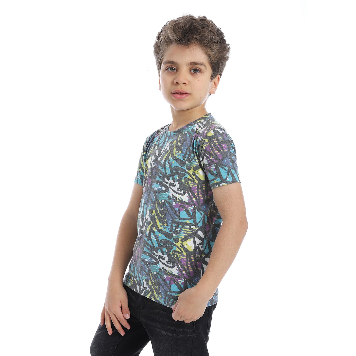 Round Neck Abstract Pattern Boys T-shirt- Black,Blue & White