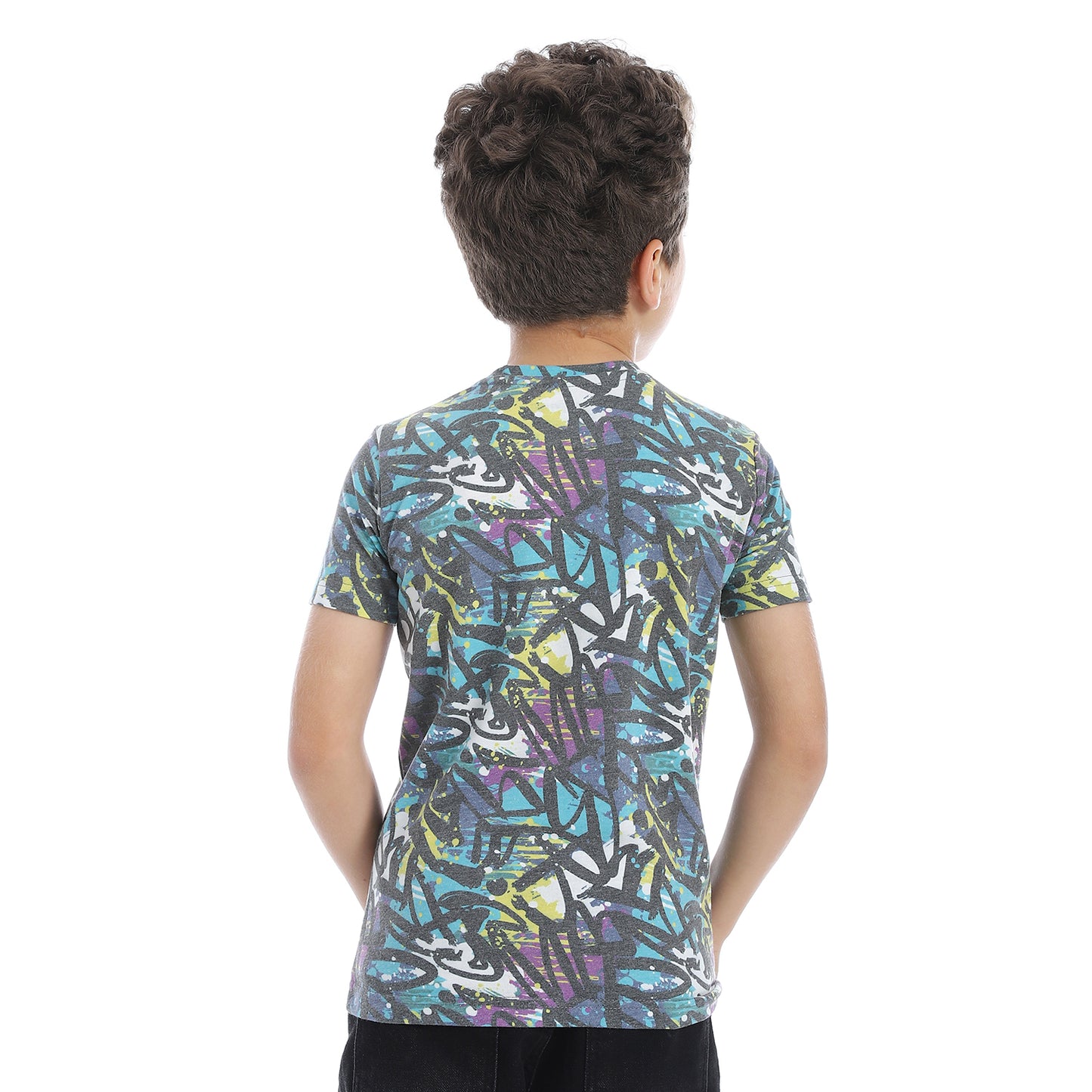 Round Neck Abstract Pattern Boys T-shirt- Black,Blue & White