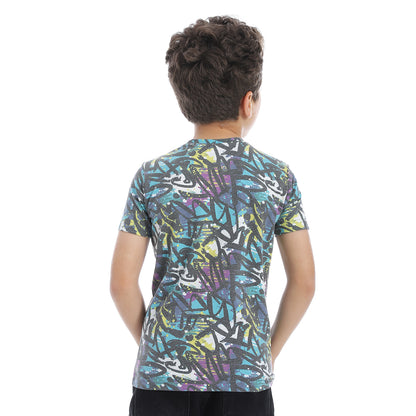 Round Neck Abstract Pattern Boys T-shirt- Black,Blue & White