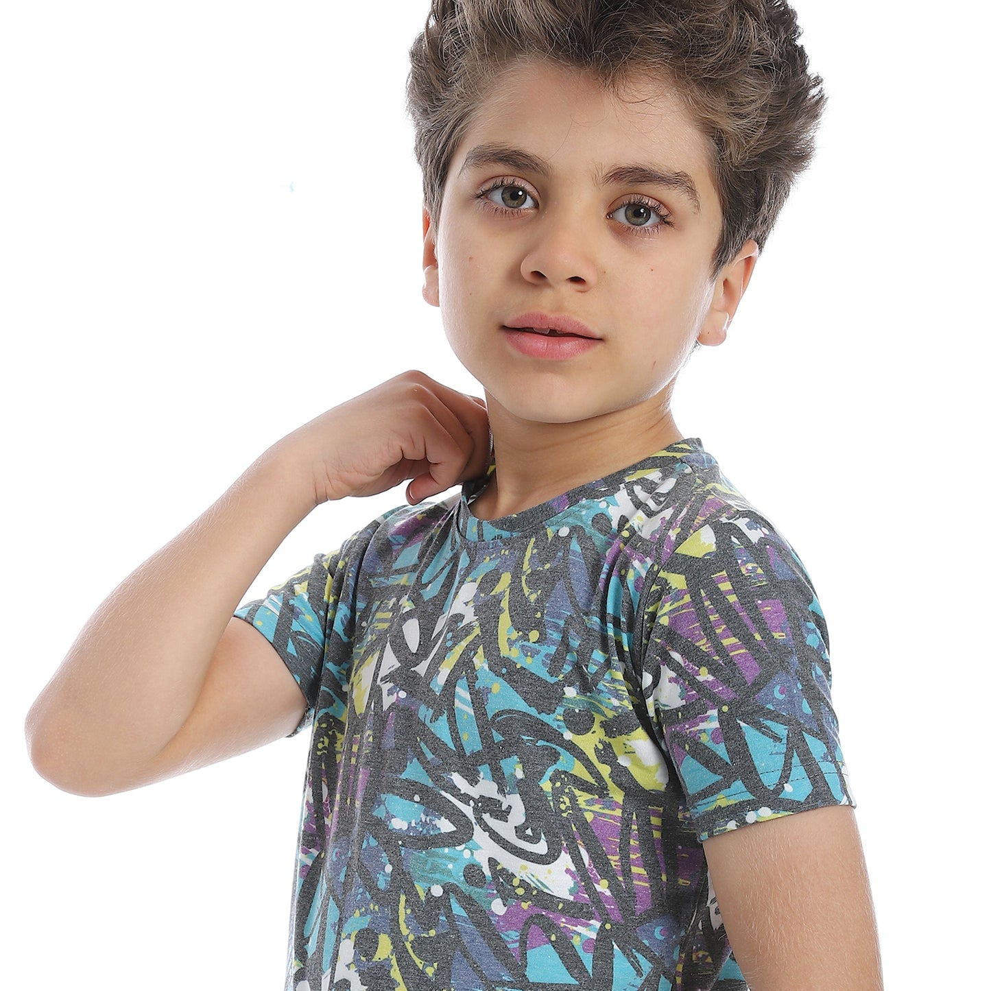 Round Neck Abstract Pattern Boys T-shirt- Black,Blue & White