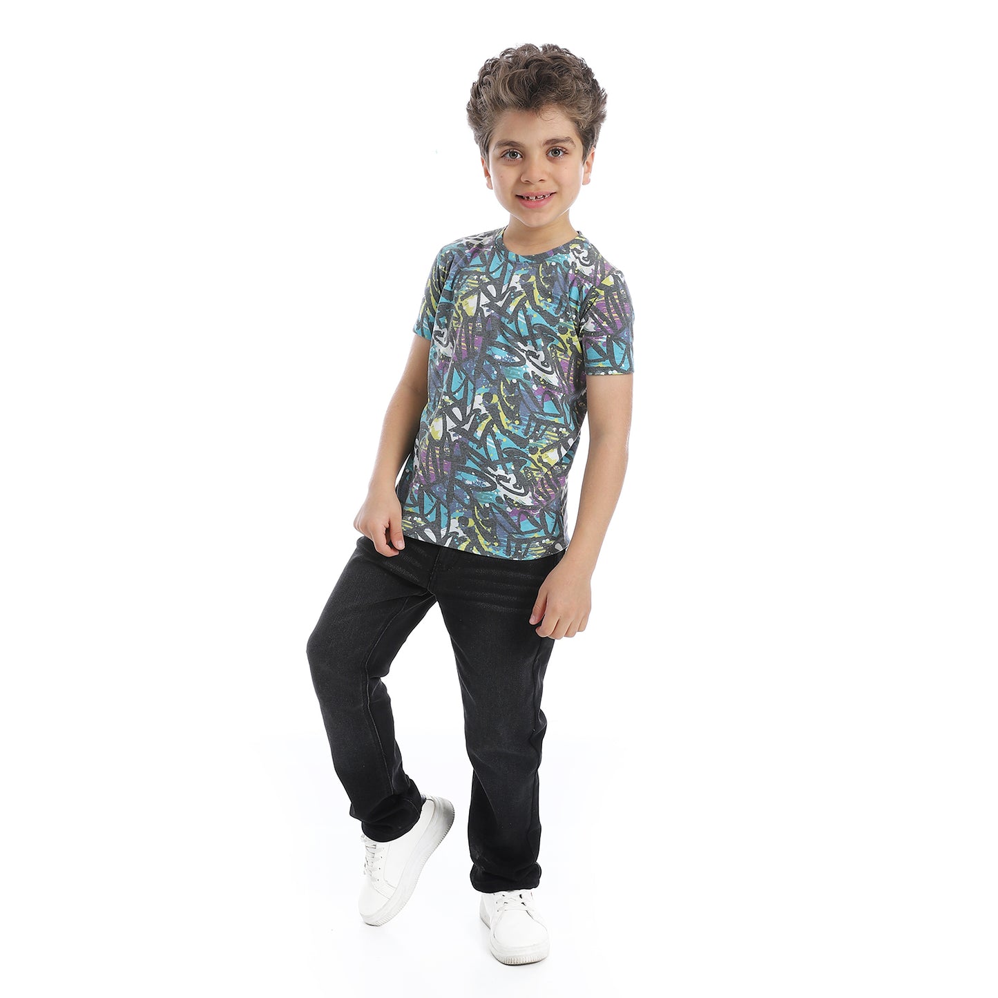Round Neck Abstract Pattern Boys T-shirt- Black,Blue & White