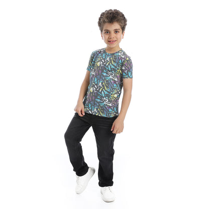 Round Neck Abstract Pattern Boys T-shirt- Black,Blue & White