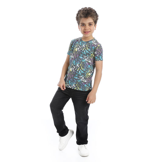 Round Neck Abstract Pattern Boys T-shirt- Black,Blue & White - 2bstylish