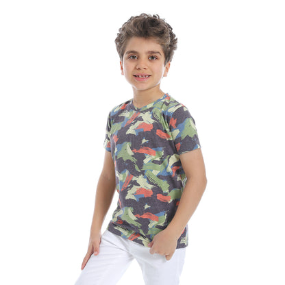 Round Neck Abstract Pattern Boys T-shirt- Light - Green & Blue