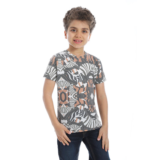 Round Neck Self Pattern Boys T-shirt- Grey & White - 2bstylish