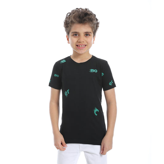 Printed Pattern Round Neck Boys Y-Shirt - Black - 2bstylish
