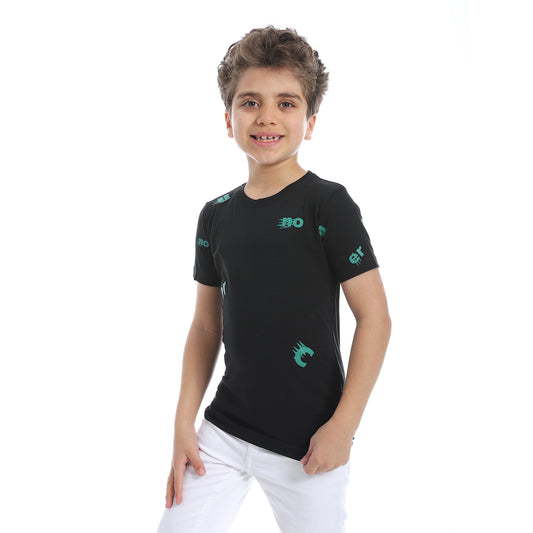Printed Pattern Round Neck Boys Y-Shirt - Black - 2bstylish