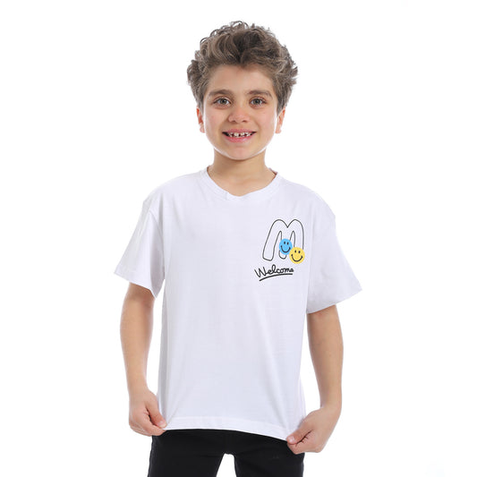 Printed Short Sleeve Boys T-Shirt - White - 2bstylish