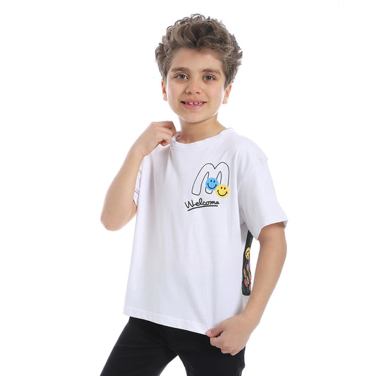 Printed Short Sleeve Boys T-Shirt - White - 2bstylish