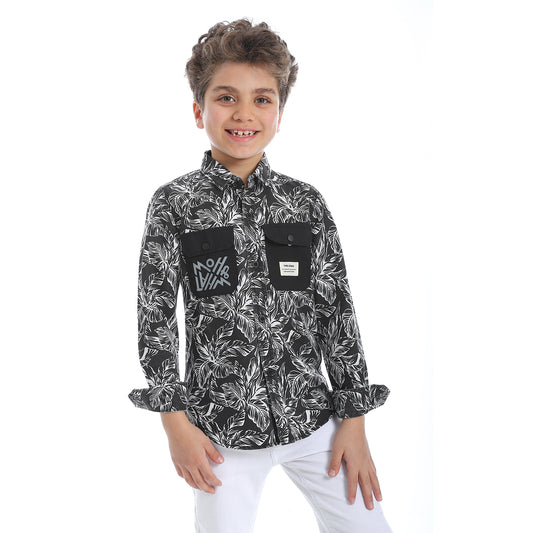 2b STYLISH Self Pattern Long Sleeve Boys Shirt - Black & White