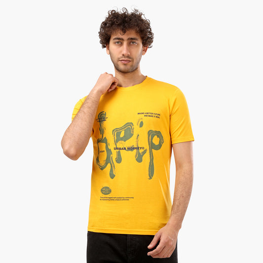 Printed Round Neck Half Sleeves Yellow T- Shirt - 2bstylish